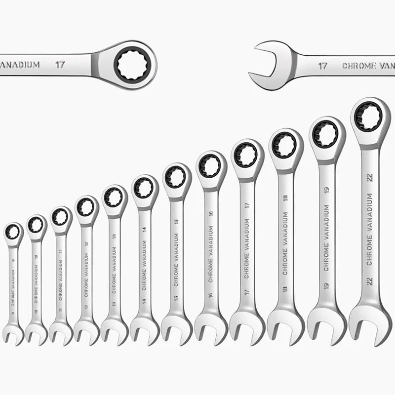 Ratcheting wrench box end and open end close-up