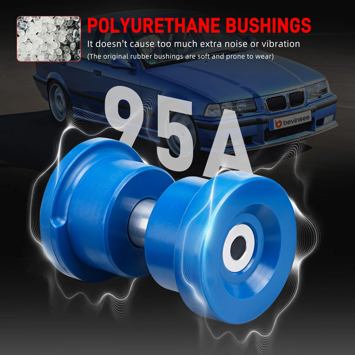 Blue 95A polyurethane rear subframe bushing close-up with a BMW E36 in the background | Wrench Haus