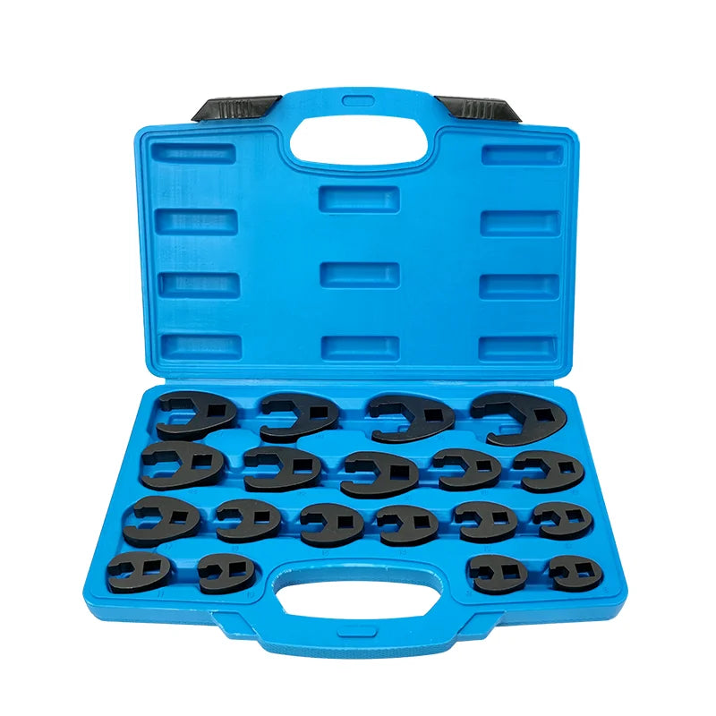 19-piece crowfoot flare nut wrench set, 8-32mm, 3/8 and 1/2 inch drive