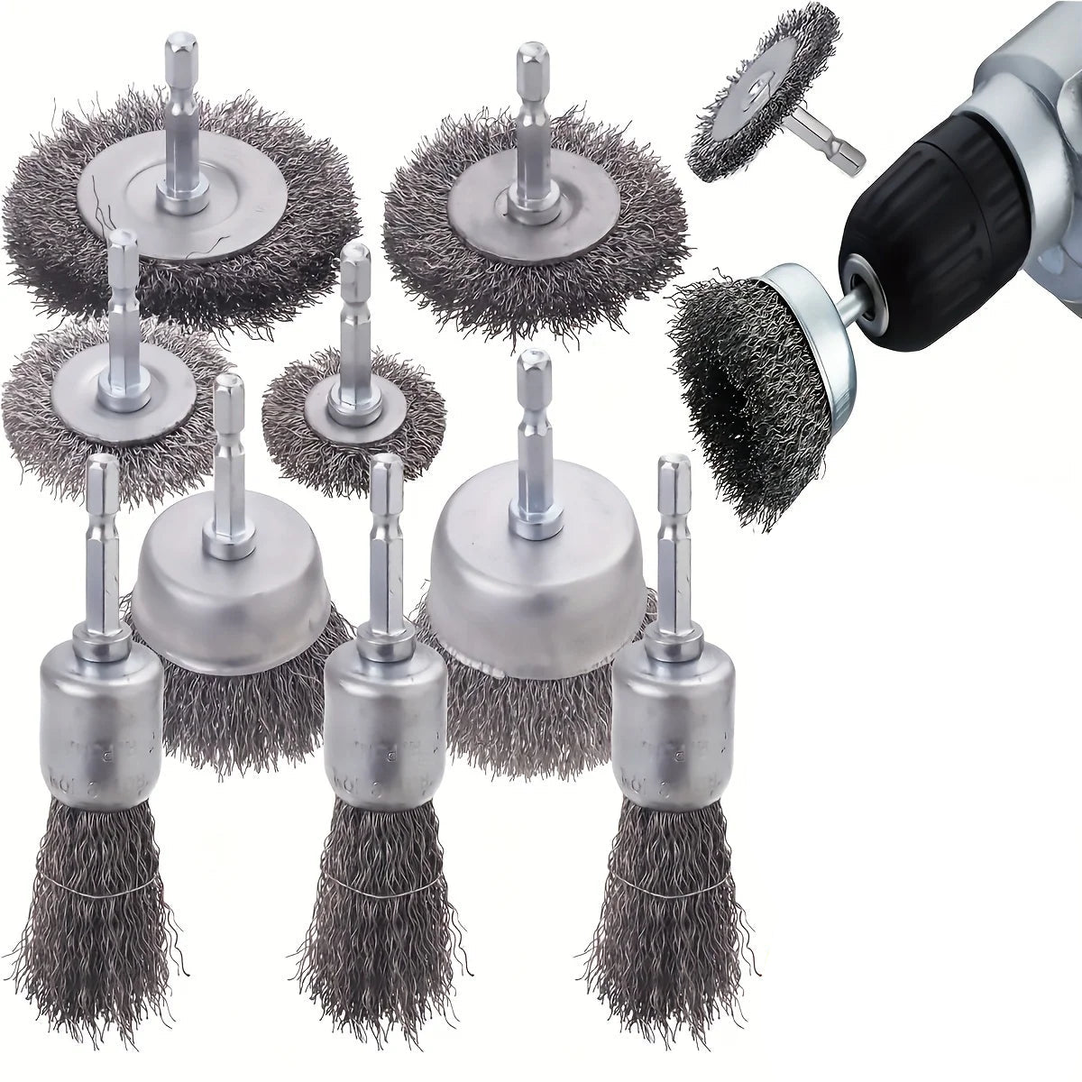 Wire Brush Wheel Set for Drill - Stainless steel cup and wheel brushes with 1/4" hex shank, full set fanned out | Wrench Haus