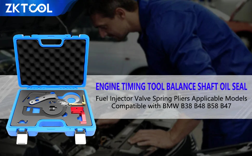 BMW B37/B47 diesel timing chain kit in open case with a mechanic working in the background | Wrench Haus