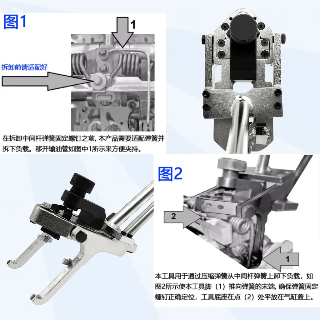 Instruction diagrams showing the BMW 117110 valve spring compressor mounted on the camshaft carrier | Wrench Haus