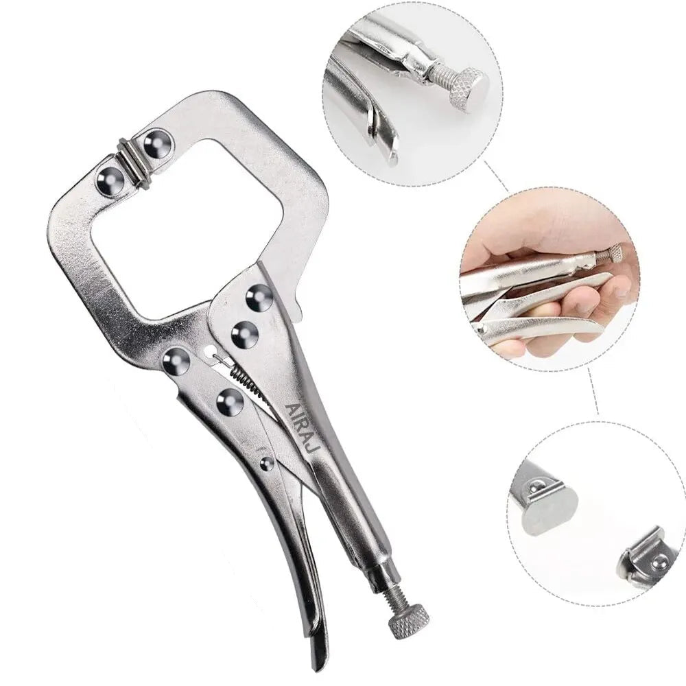7" Locking Pliers - Close-up of chrome carbon steel jaw showing serrated gripping teeth and locking adjustment screw | Wrench Haus