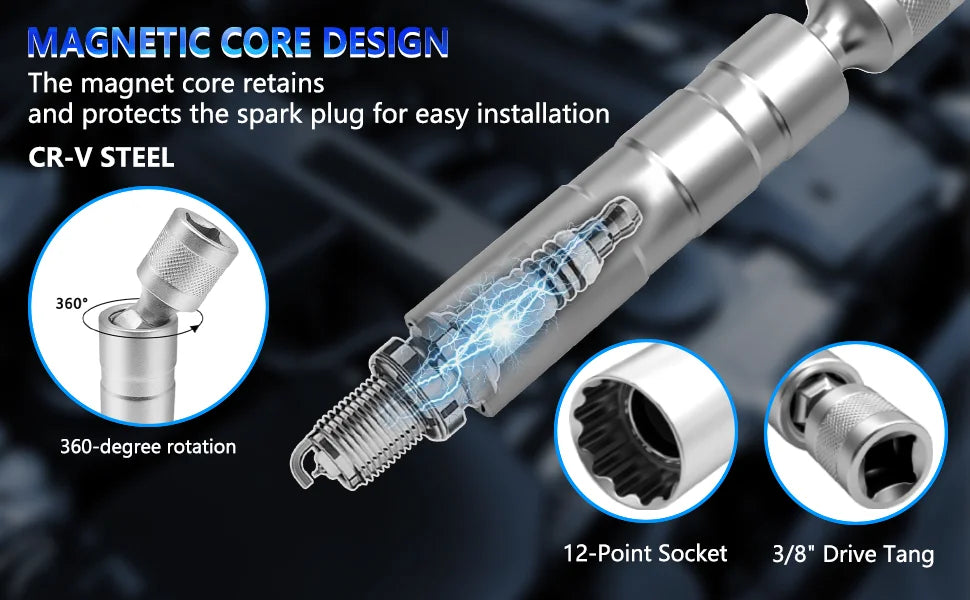 Magnetic core design of the spark plug socket shown holding a plug, with 360-degree swivel inset | Wrench Haus