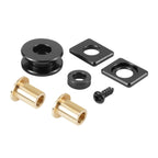 Solid shifter cable bushing kit parts: two bronze bushings, plates, spacer, screw | Wrench Haus