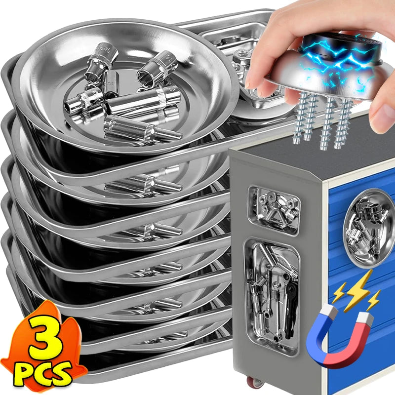 Magnetic parts tray, round and rectangular