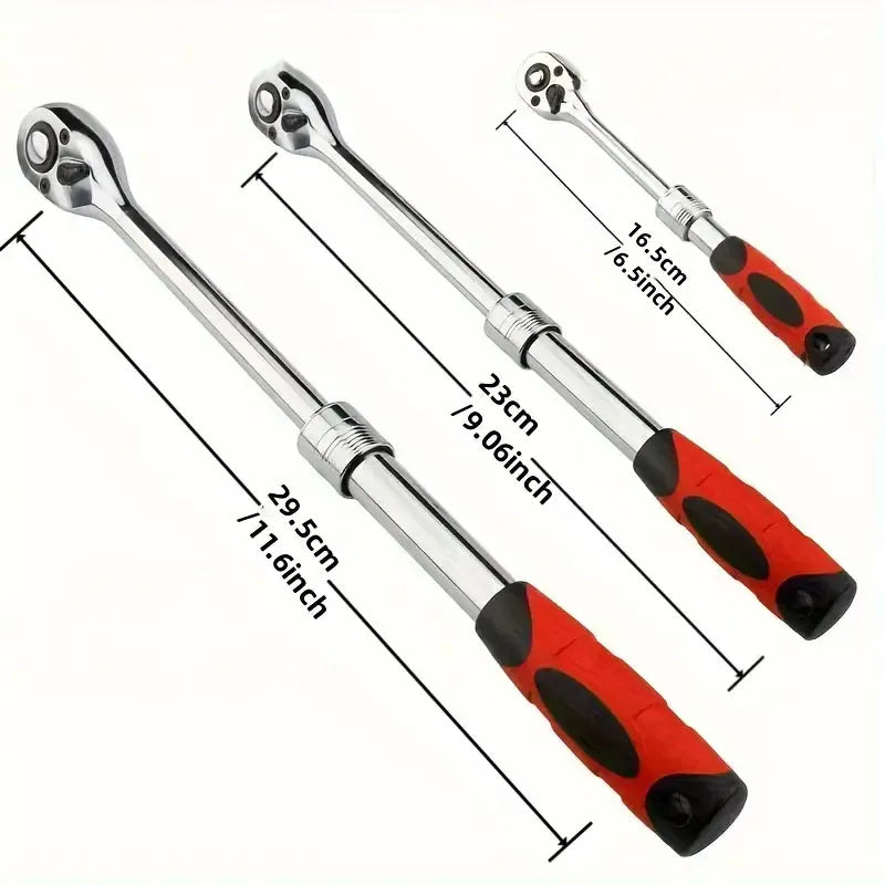 Quick-Release Retractable Ratchet Wrench Set - Full length view of retractable wrench shown extended and compact with size dimension callouts | Wrench Haus