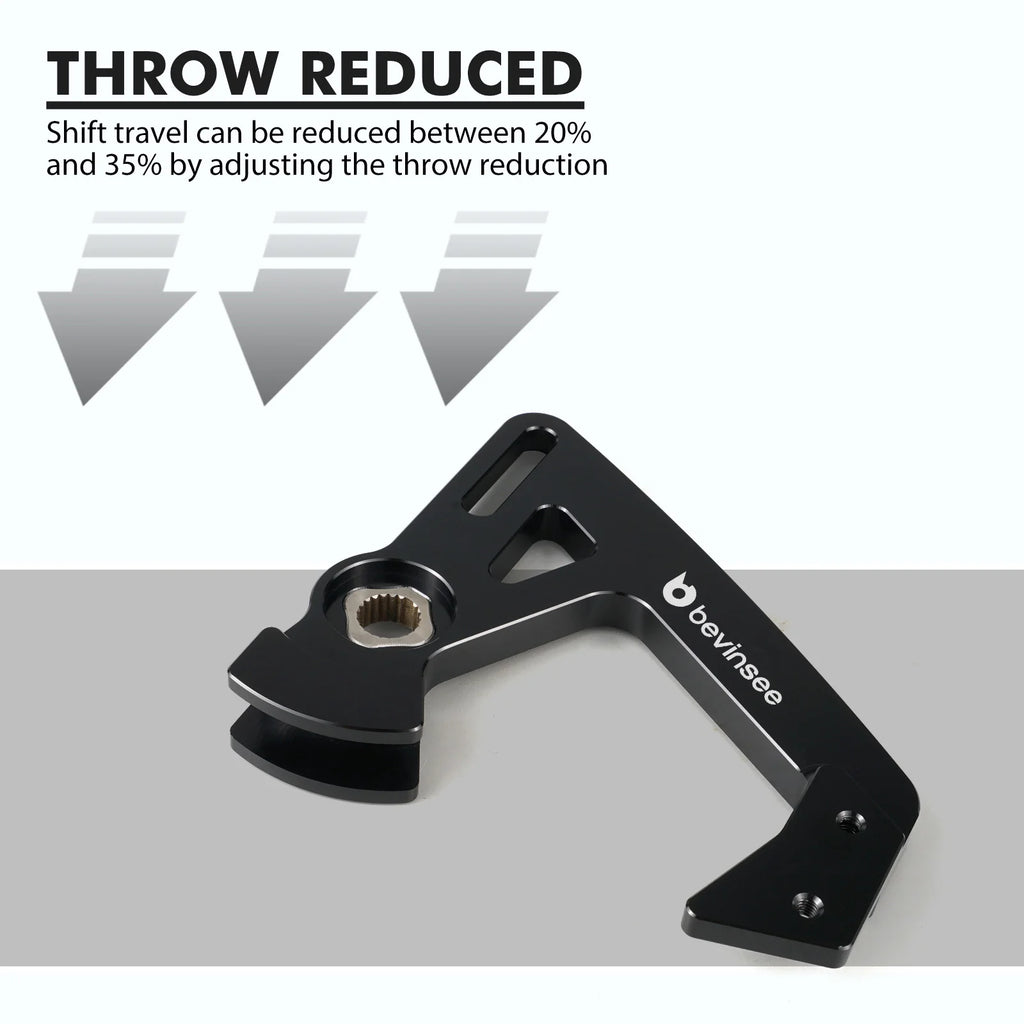 Adjustable short shifter arm with graphic noting throw reduction between 20% and 35% | Wrench Haus