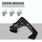 Adjustable short shifter arm with graphic noting throw reduction between 20% and 35% | Wrench Haus