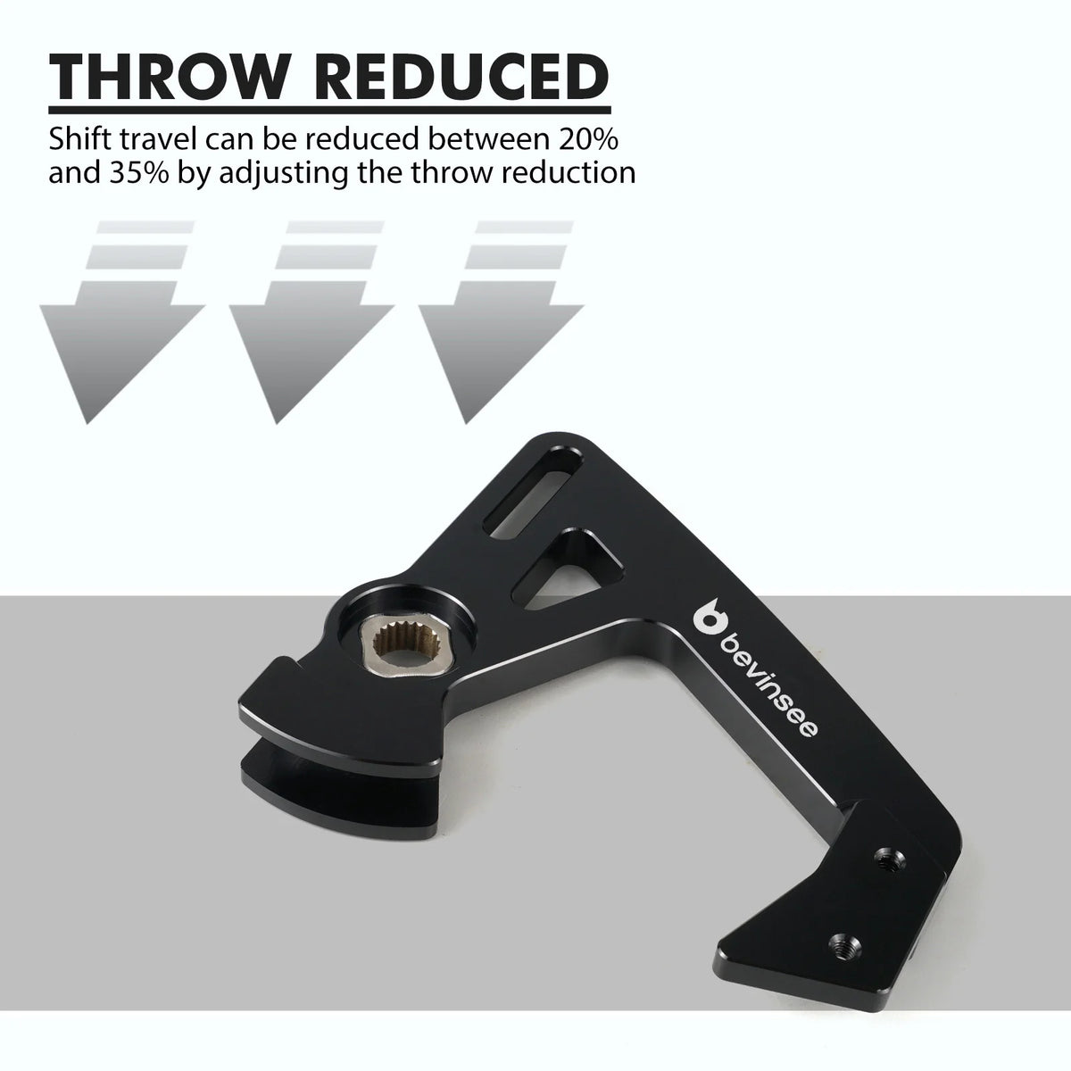 Adjustable short shifter arm with graphic noting throw reduction between 20% and 35% | Wrench Haus
