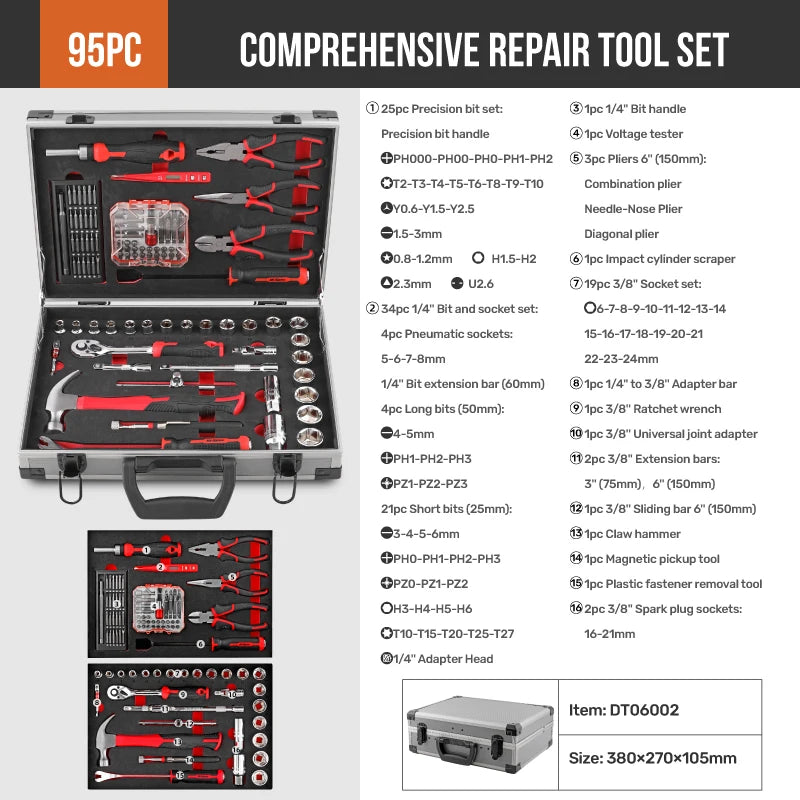 91-Piece Professional Tool Set - "91PC Comprehensive Repair Tool Set" spec sheet showing complete tool contents list with case dimensions | Wrench Haus