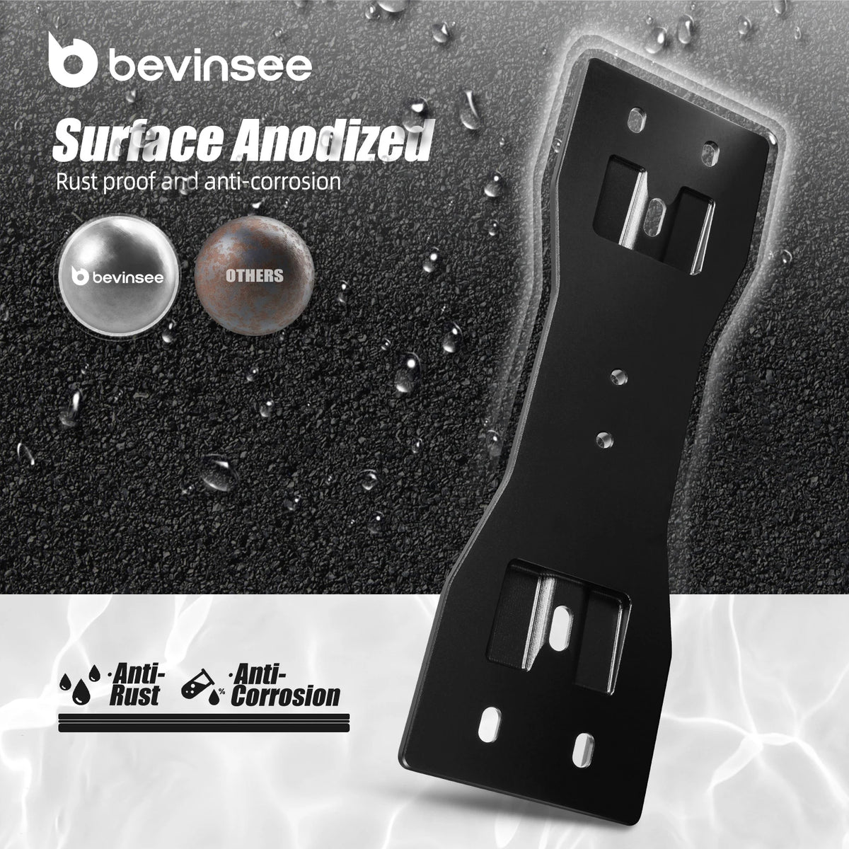 Black anodized billet lower reinforcement brace standing upright with water droplets on its surface | Wrench Haus