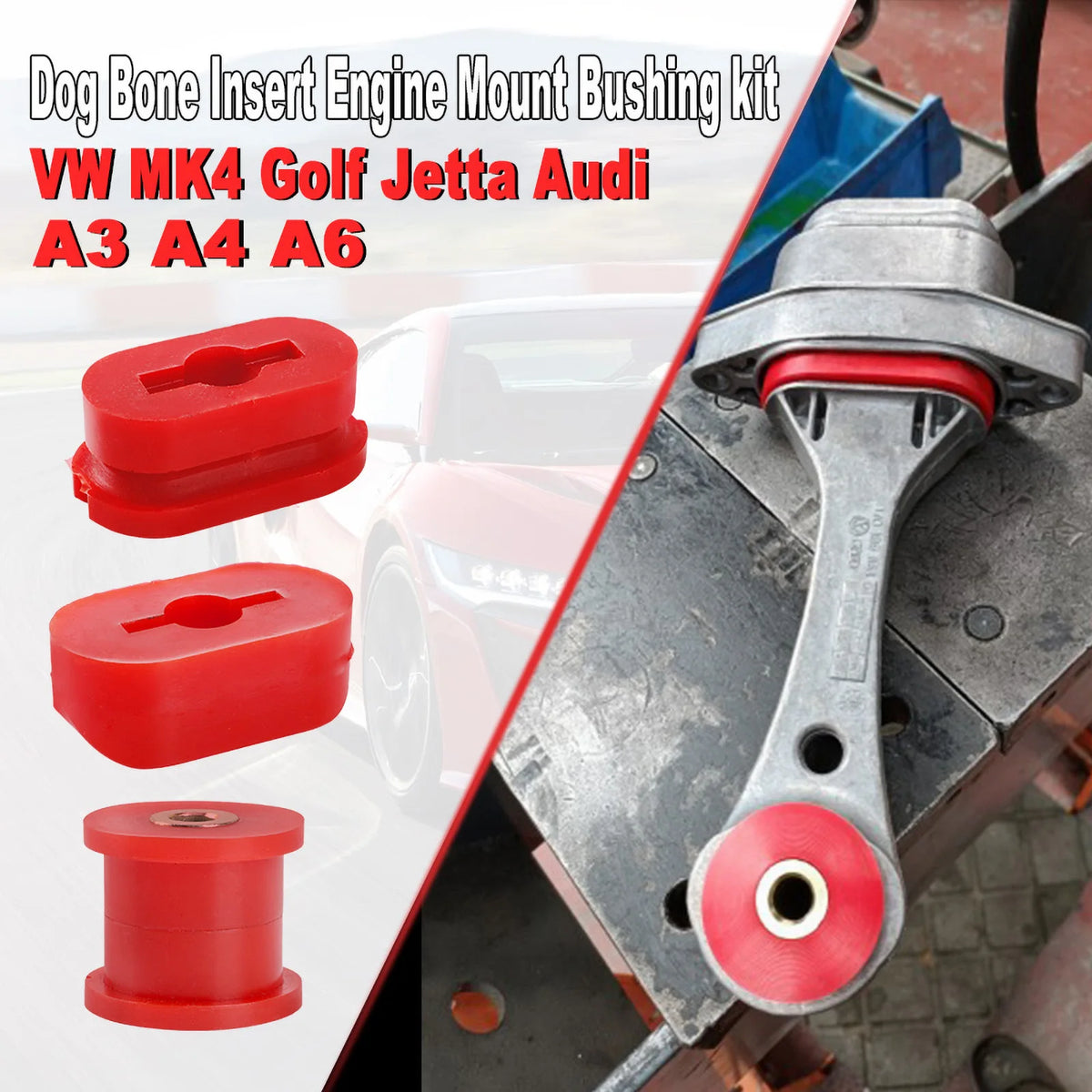 Red polyurethane dog bone engine mount inserts beside a VW MK4 Golf/Jetta dog bone mount | Wrench Haus