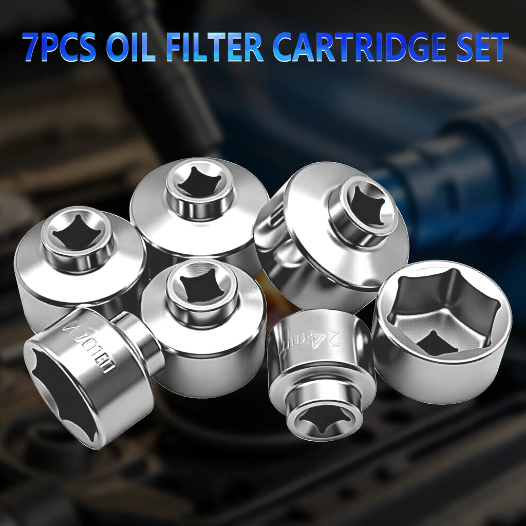 Group of seven chrome oil filter cap sockets from the 24-38 mm set on a dark background | Wrench Haus