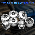 Group of seven chrome oil filter cap sockets from the 24-38 mm set on a dark background | Wrench Haus