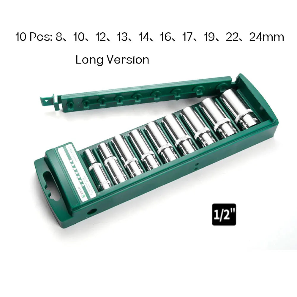 Hex Socket Set Short & Long - 10-Piece Long Set, 1/2" Drive, 12–24mm | Wrench Haus