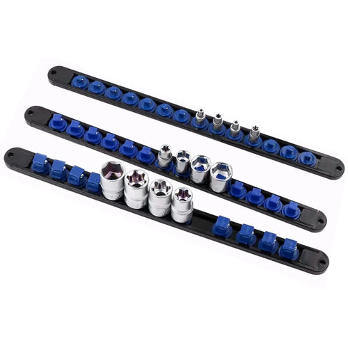 360° Swivel Socket Organizer Rail - Two socket organizer rails loaded with sockets shown from side angle | Wrench Haus
