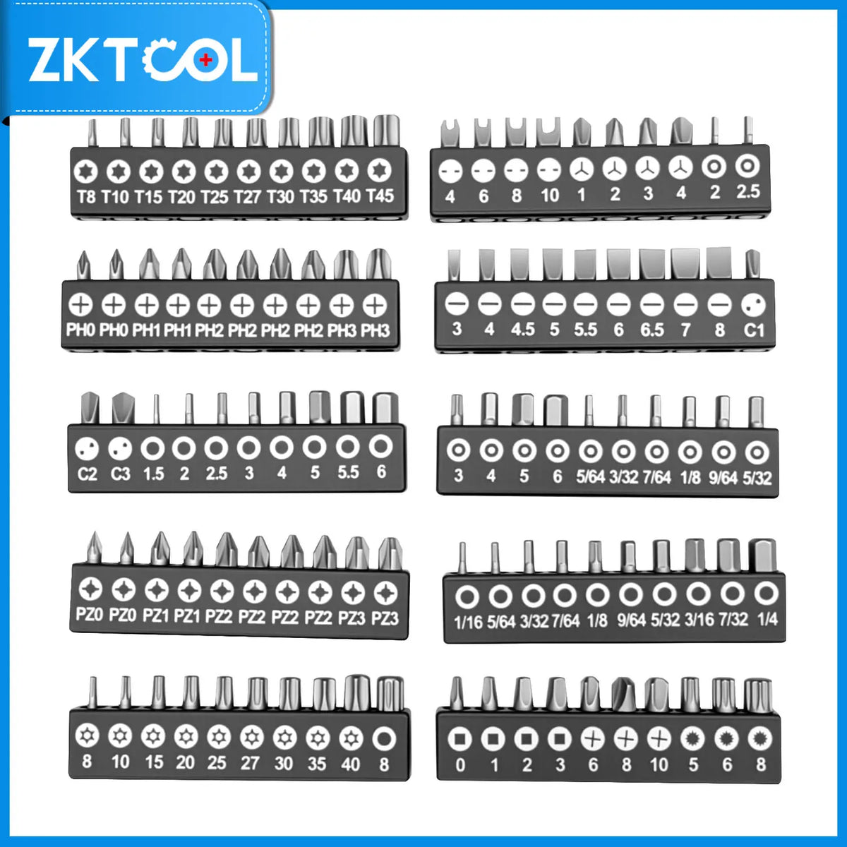 Screwdriver bits from the 130-piece socket set arranged in rows: Torx, Phillips, Pozi, slotted and hex | Wrench Haus