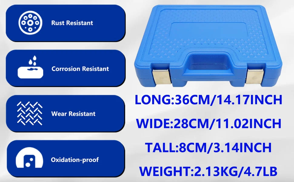 Closed blue case of the BMW B37/B47 timing kit with size 36x28x8 cm and 2.13 kg weight listed | Wrench Haus