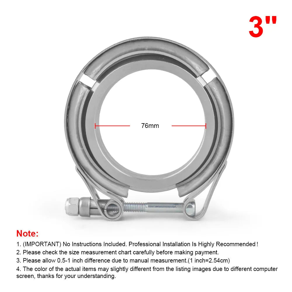 3 inch stainless V-band clamp front view with 76mm inner diameter marked | Wrench Haus