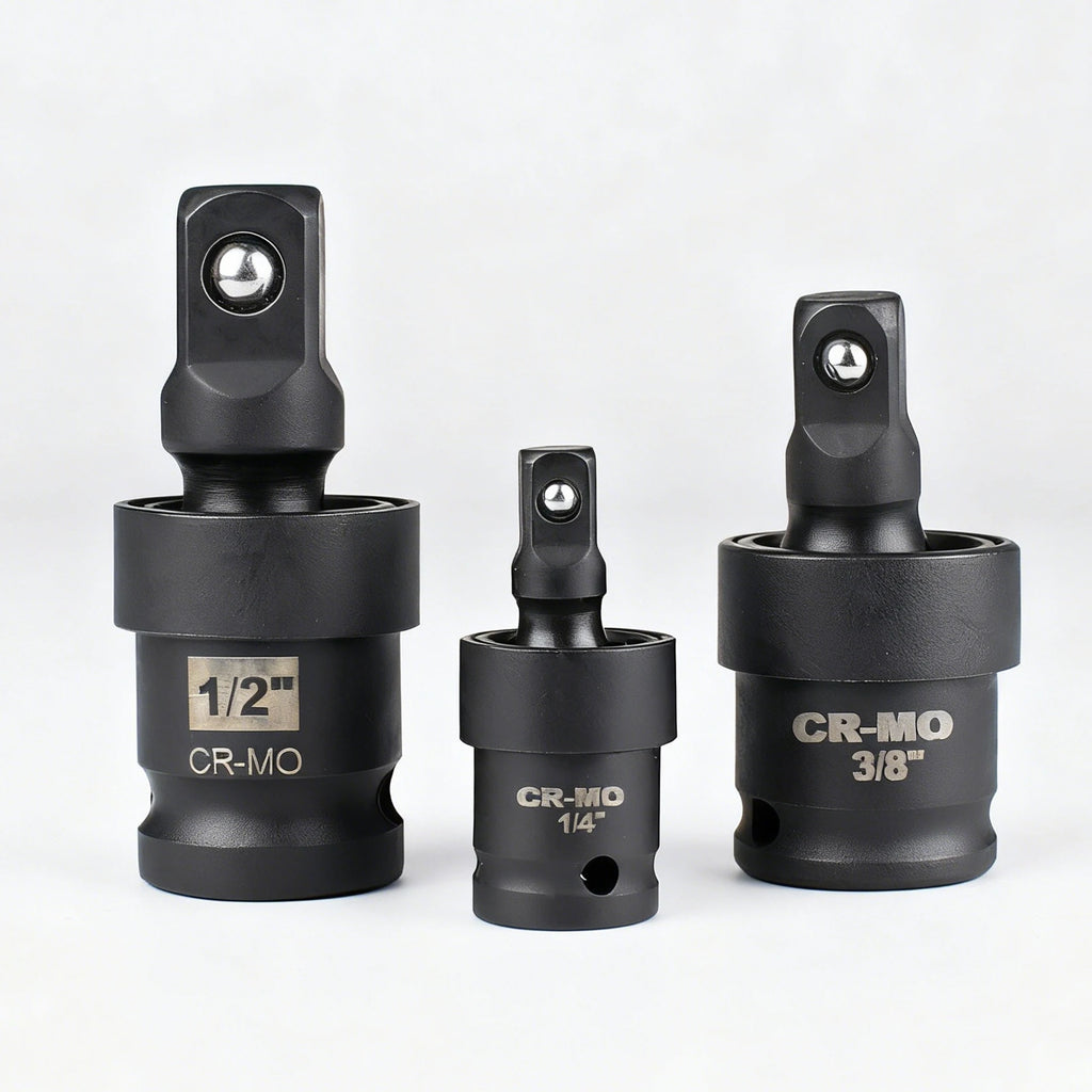 Pneumatic Universal Joint Socket Swivel Set 3pc - 1/4 3/8 1/2 Inch Drive CR-MO Black | Wrench Haus