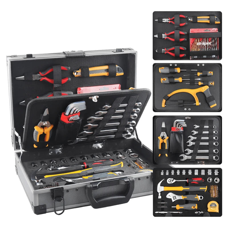 91-Piece Professional Tool Set - Full kit open in aluminum carry case showing pliers, wrenches, screwdrivers, sockets and hand tools organized in foam tray | Wrench Haus