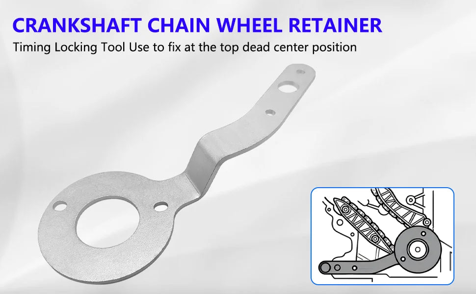Crankshaft chain wheel retainer plate from the BMW B37/B47 set with drawing of it held at TDC | Wrench Haus