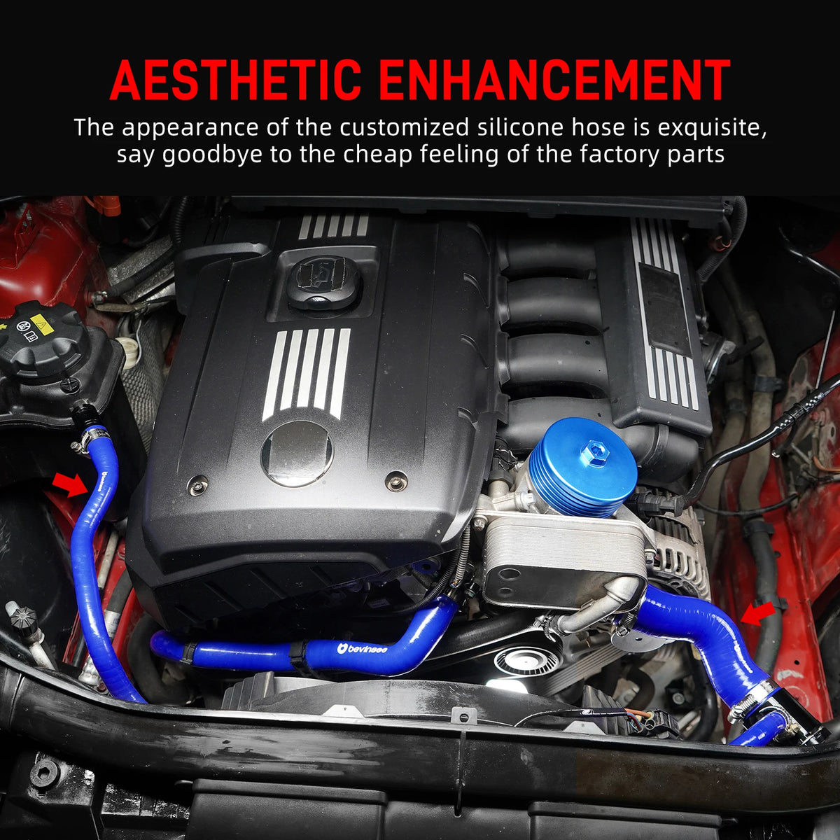 Silicone radiator & expansion tank hose kit, blue hoses fitted in N52 engine bay | Wrench Haus