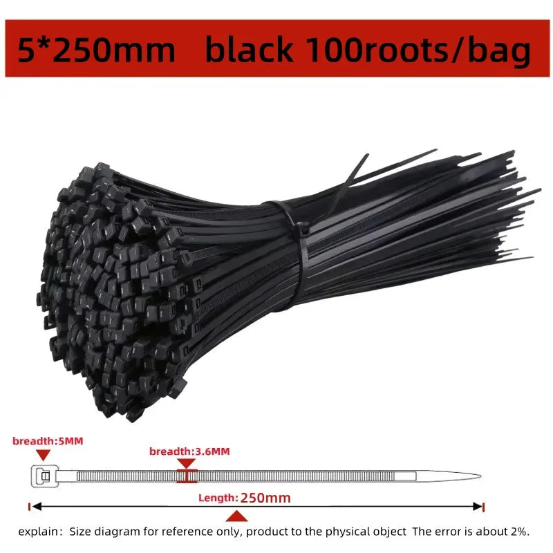 Black Nylon Zip Ties 5x250mm - Bundle of 100 black zip ties with 5mm width and 250mm length dimension callout | Wrench Haus