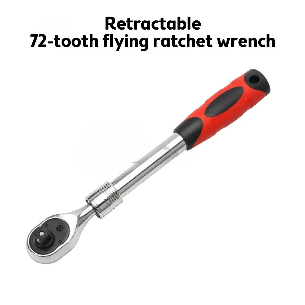 Quick-Release Retractable Ratchet Wrench Set - "Retractable 72-Tooth Flying Ratchet Wrench" side profile showing compact retracted position | Wrench Haus