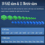 Chart of 10 SAE sizes in green and 11 metric sizes in blue for the 21-piece magnetic socket insert kit | Wrench Haus