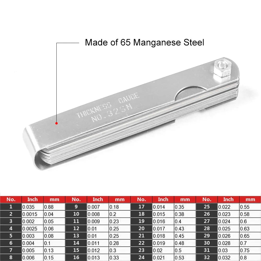 32-blade feeler gauge in 65 manganese steel with inch and millimeter thickness chart | Wrench Haus