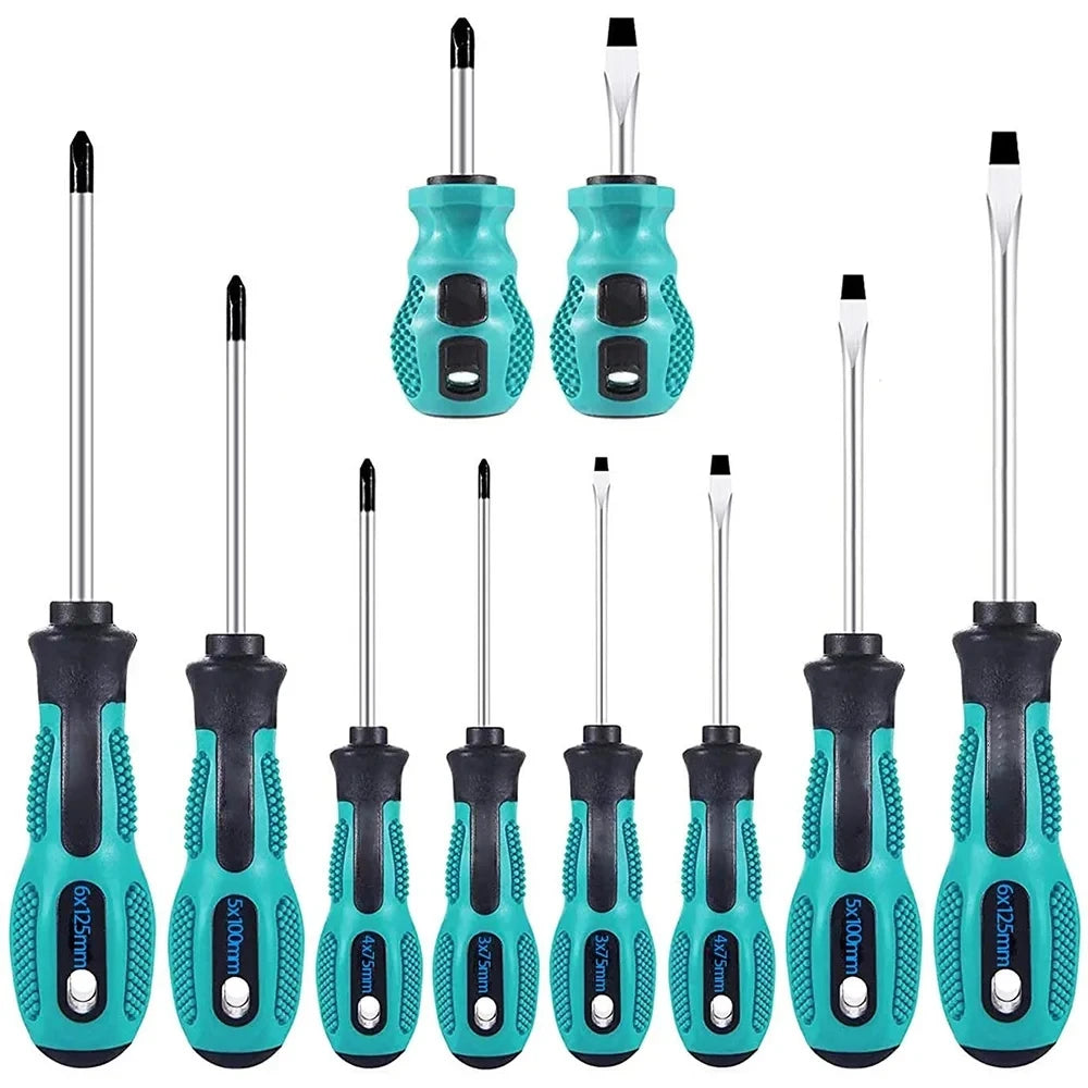 10-Piece Magnetic Precision Screwdriver Set - Full set of 10 screwdrivers showing 5 Phillips and 5 flat head with teal ergonomic handles | Wrench Haus