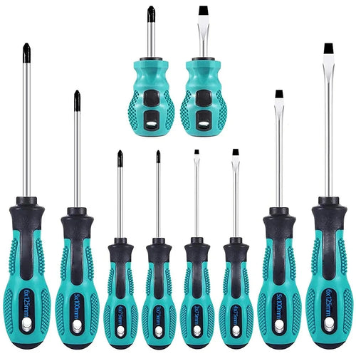 10-Piece Magnetic Precision Screwdriver Set - Full set of 10 screwdrivers showing 5 Phillips and 5 flat head with teal ergonomic handles | Wrench Haus