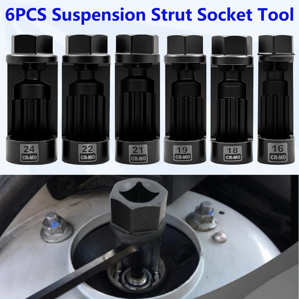 Six strut nut sleeves marked by size, with photo of one fitted on a top strut mount nut | Wrench Haus