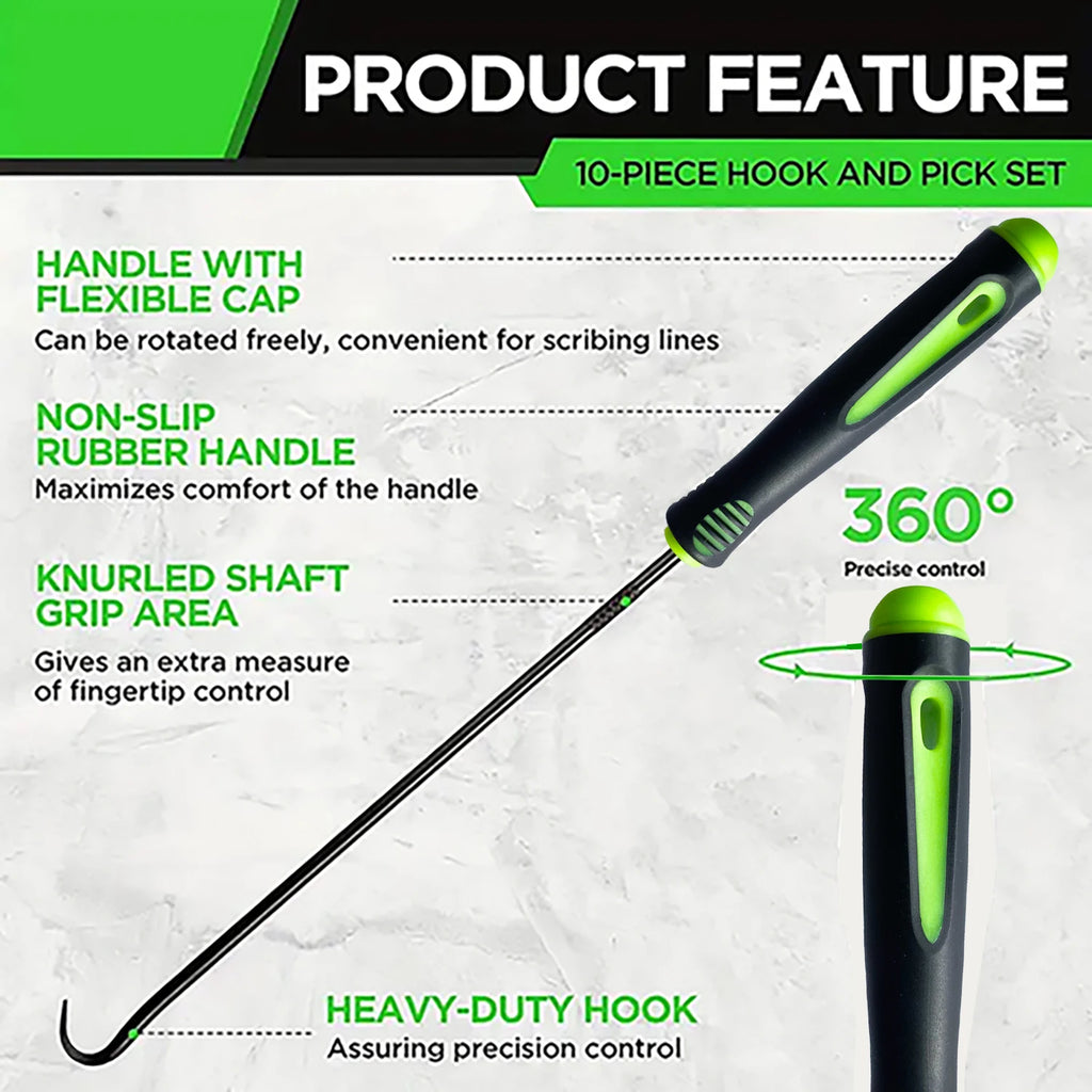 0-Piece Hook & Pick Tool Set - Product feature callout showing rubber handle grip, 360° knurled shaft and heavy duty hook design | Wrench Haus