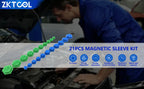 21-piece magnetic sleeve kit of green and blue inserts with a mechanic working in the background | Wrench Haus