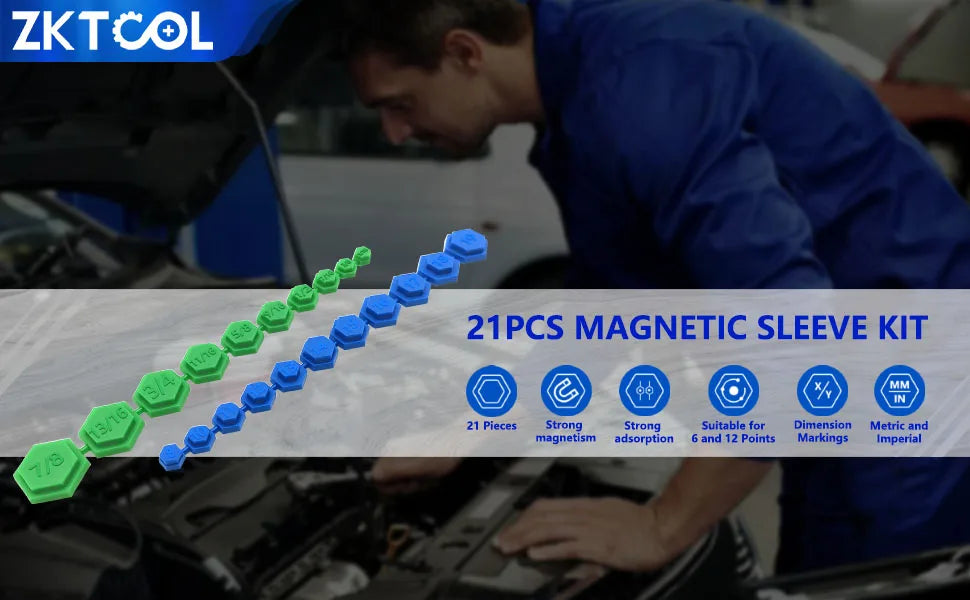 21-piece magnetic sleeve kit of green and blue inserts with a mechanic working in the background | Wrench Haus