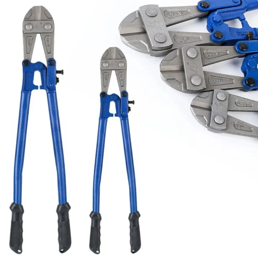 Heavy-duty bolt cutters with bent-handle design
