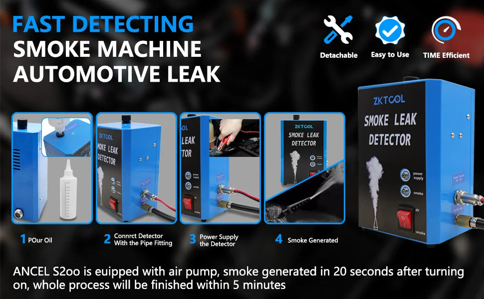 Smoke leak detector setup steps with oil bottle, hose and clamps, alternate wide layout | Wrench Haus