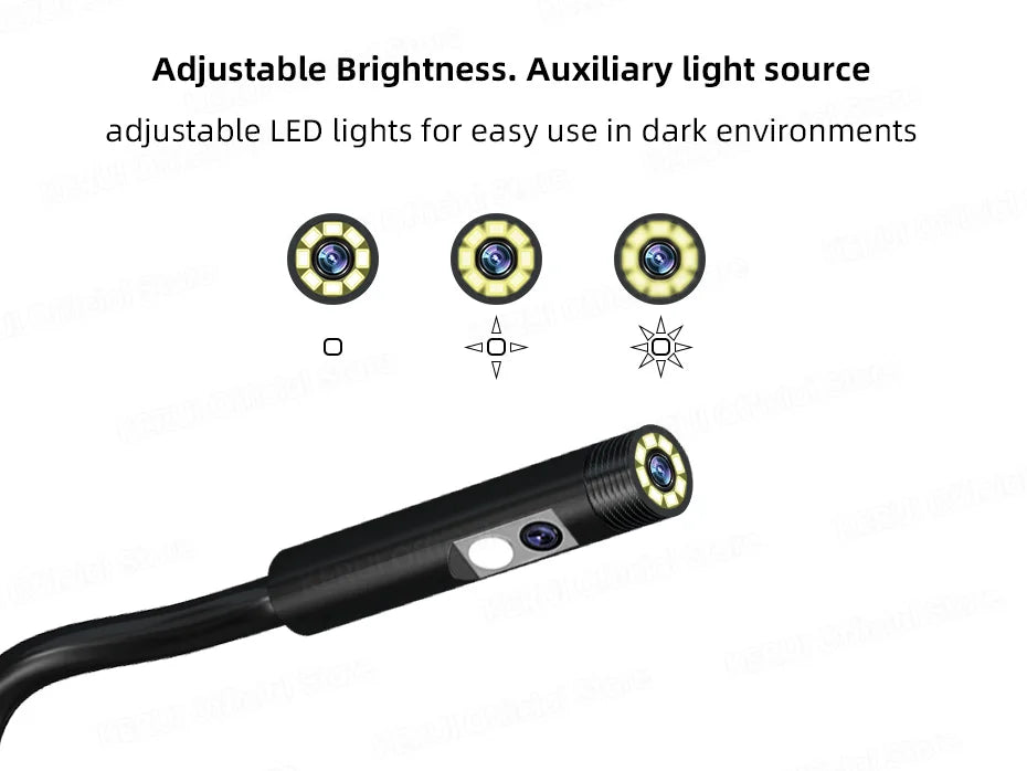 Industrial Borescope Inspection Camera - Probe head close-up showing adjustable brightness 8 LED light ring for dark cavity inspection | Wrench Haus