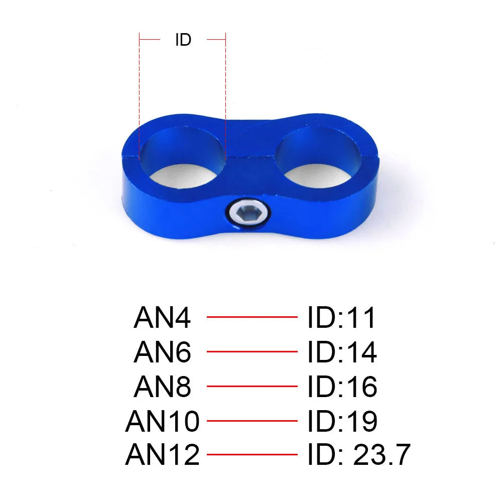 Blue billet AN hose separator clamp with inner diameter chart for AN4 through AN12 sizes | Wrench Haus