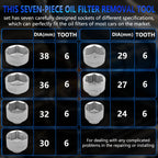 Size chart for the 7-piece oil filter cap socket set listing 24 to 38 mm diameters and 6 teeth each | Wrench Haus