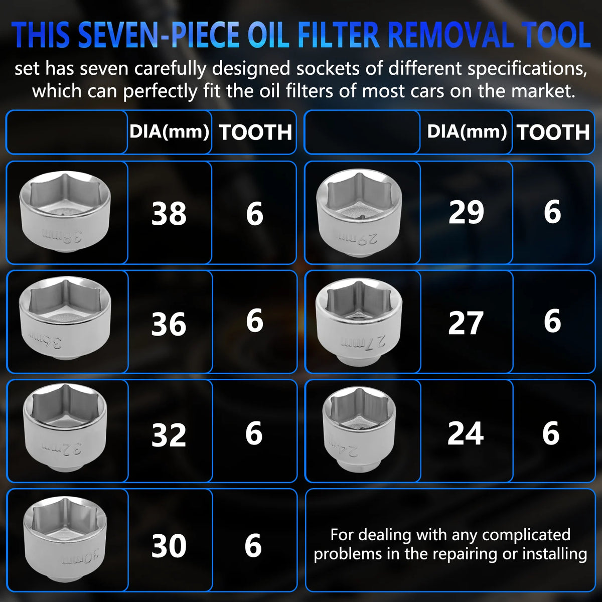 Size chart for the 7-piece oil filter cap socket set listing 24 to 38 mm diameters and 6 teeth each | Wrench Haus