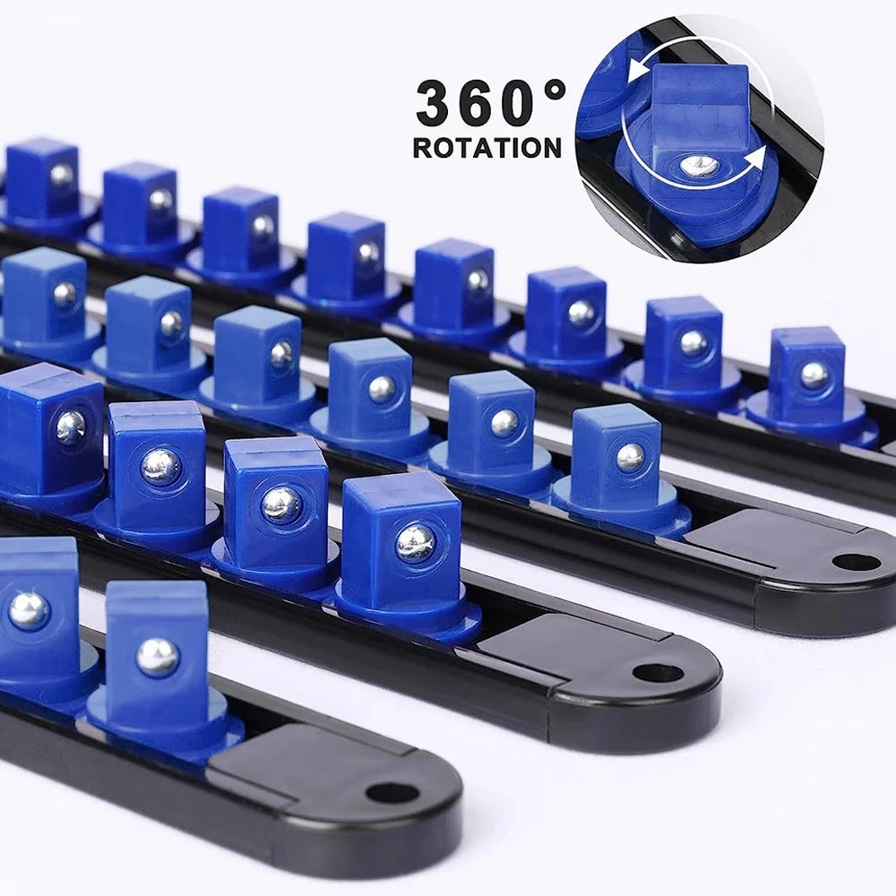 360° Swivel Socket Organizer Rail - Close-up of 360° swivel base and spring-loaded blue socket clips on rail | Wrench Haus