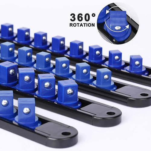 360° Swivel Socket Organizer Rail - Close-up of 360° swivel base and spring-loaded blue socket clips on rail | Wrench Haus