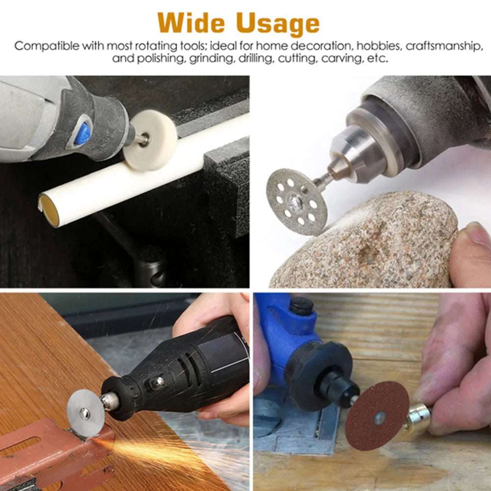 A 2x2 collage showing a rotary tool with a disc attachment being used in different tasks: cutting a white pipe, grinding a stone, sanding a wooden surface, and cutting metal. The top text reads 'Wide Usage' and the collage explains compatibility with most rotating tools for home decor, hobbies, and craftsmanship.
