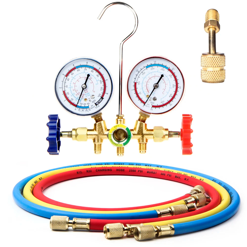 A/C manifold gauge set and coiled hoses with brass ACME adapter | Wrench Haus