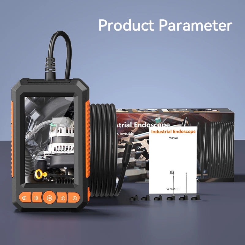 Industrial Borescope Inspection Camera - Product specification sheet showing technical parameters, dimensions, and included accessories | Wrench Haus