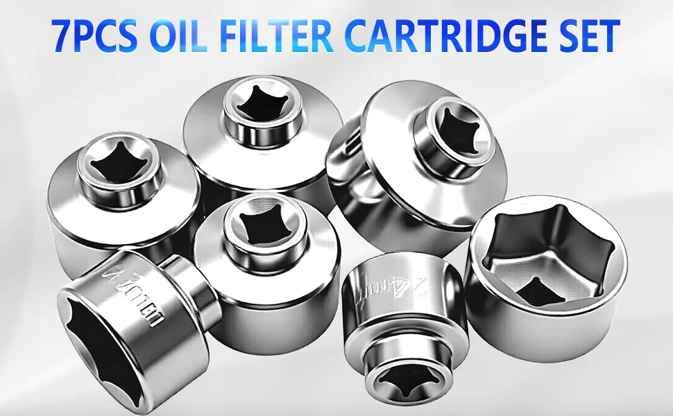 Seven chrome oil filter cap sockets grouped together on a light background | Wrench Haus